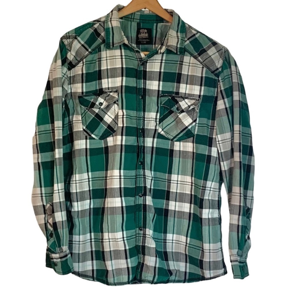 Route 66 Green Plaid With Snap Button Down Front, 100% Cotton, [Men’s Size XL]